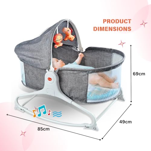 Image of Baby Cot for Newborn Baby | Portable Infant Bassinet with Canopy, Hanging Toys, Breathable Mesh Sides, Soft Mattress & Rocking Function | Baby Cradle for 0-12 Months (Grey)