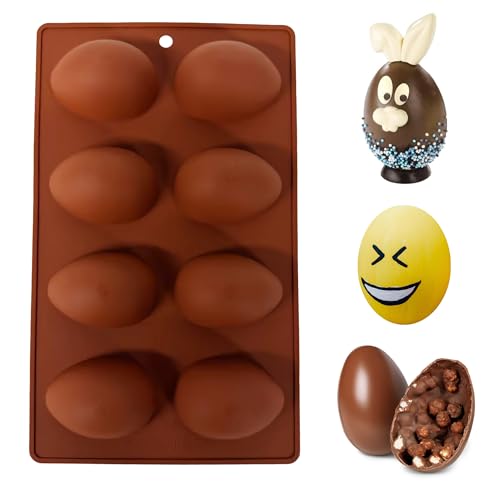 duoyif Schokoladenform Ei Silikonform, 8 Löcher 5,9 x 4,2 cm Halbes Eier Schokoladen Form, Ostern Silikon Backform, Eierform für Schokolade Osterei Mousse Bonbons Gelee Kuchen Dekor, 1stk (Braun, egg)