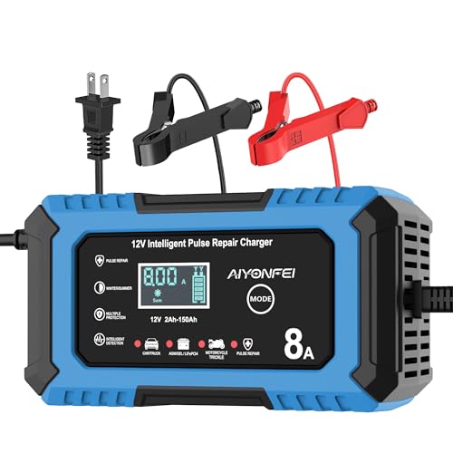 AIYONFEI 12V 8A Battery Charger, Smart Trickle Charger & Battery Maintainer, Desulfator, Temperature Compensation for LiFePO4, Lead Acid, AGM, Gel, EFB, VRLA, Car, Truck, Motorcycle, Boat (Blue)