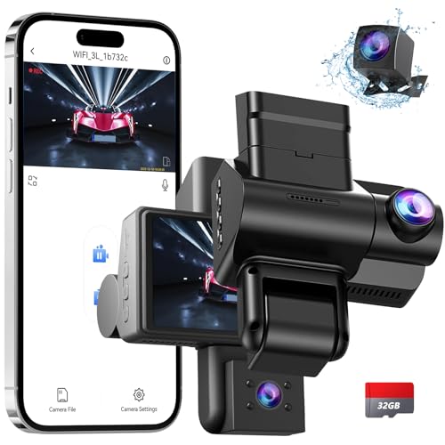JCPYIUL Dashcam Coche Delantera Trasera, 2K + 1080P Día y Noche de la Cámara del coche grabadora con tarjeta SD de 32 GB, Triple 1080P Dash Cam, 24H Dual Parking Watch, 170 ° gran angular