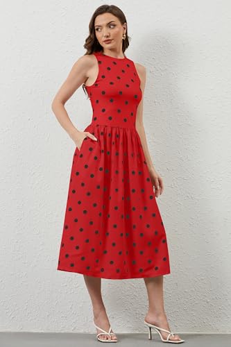 Image of TERIVEEK Women Summer Polka Dots Sleeveless Midi Dress Casual High Neck Patchwork Tank Sundress Boho Flowy Dress with Pockets