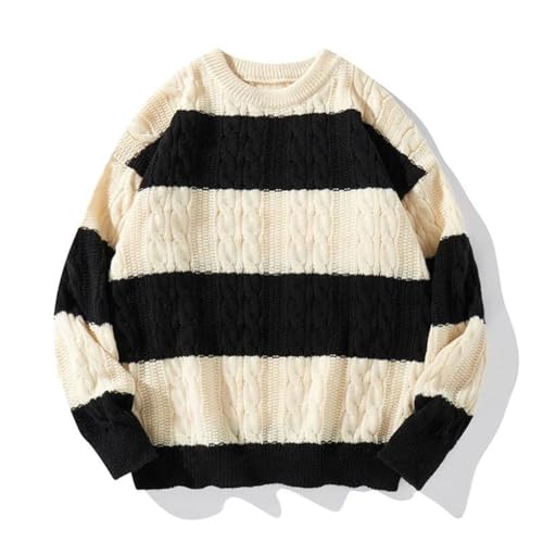 Men Fall Winter Color Blocking Stripe Knit Sweater Retro Style Loose Round Neck Knit Pullovers2