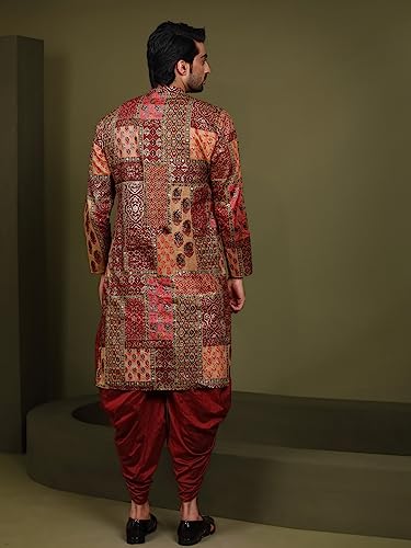 Mens Kurta – Printed Cotton Blend Tunic with Mandarin Collar, Regular Fit – Indian Wedding Outfit for Men – Festive Wear for Diwali, Eid & Celebrations Maroon4
