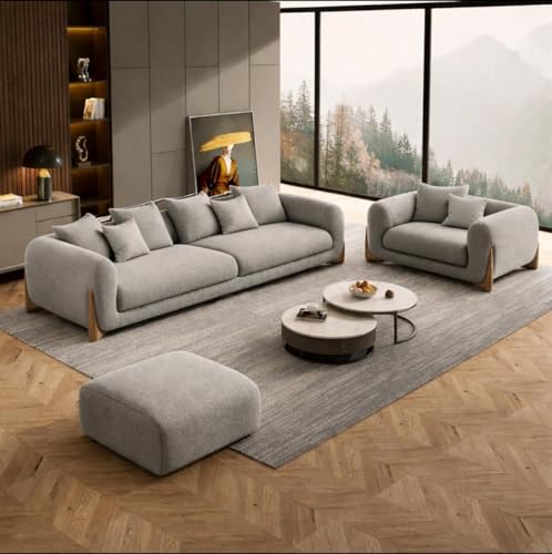 Image of Modern Sofa Chesterfield Design with Stylish Wooden Legs Bouncy Teddy Fabric Off-White Finish Sofa for Living Room, Bedroom, Hallways (3+1+Ottoman, Light Grey)