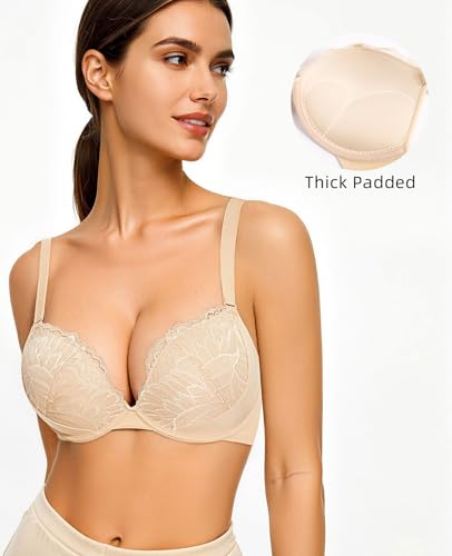 Image of Upushall Push Up Padded Bra Plunge T-Shirt Bras for Women Add 2 Cup Sizes