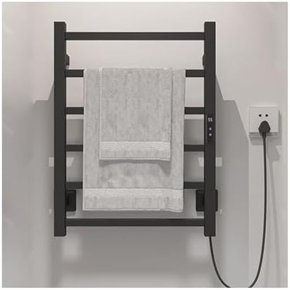 Smart Heated Towel Rack – Black Stainless Steel Wall-Mounted Plug-in Dryer with Timer – Efficient Bathroom Heating & Drying Solution, Space-Saving Design & Right-Wire Layout