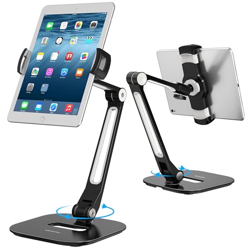 AboveTEK Long Arm Aluminum Tablet Stand, Folding iPad Stand with 360° Swivel iPhone Clamp Mount Holder, Fits 4-11" Display Tablet/Phones for Kitchen Table Bedside Office POS Kiosk Reception Black