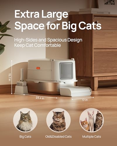 Furkid Stainless Steel Cat Litter Box with Lid, XL Extra Large Litter Box for Big Cats, Enclosed Metal Kitty Litter Box with High Sided Enclosure & Scoop, Anti-Leakage, Non-Sticky, Easy Cleaning Gray - Thumbnail 3