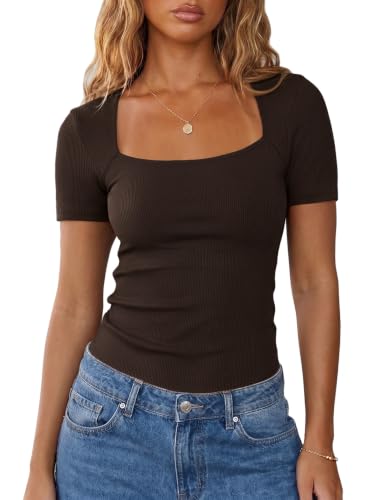 Image of Aottori T Shirt for Women UK Square Neck Short Sleeve Ribbed Brown L