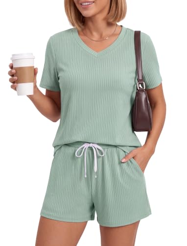 PATPAT Womens Ribbed Knit Pajamas Sets 2 Piece Lounge Sets Casual Pjs Green, XL - image 1