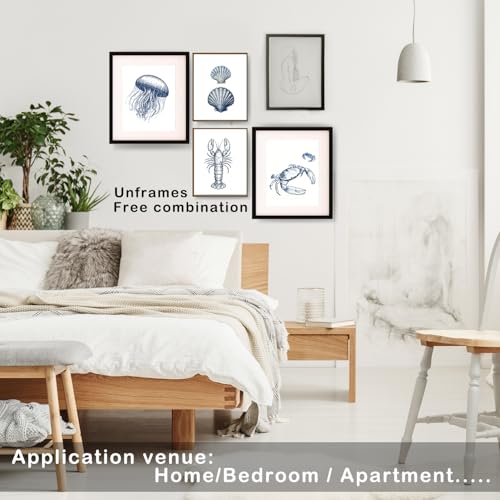 XUNLURY Navy Blue Coastal Beach Wall Art Prints Unframed Set of 4, Minimalist Nautical Ocean Seashell Jellyfish Crab Lobster Artwork Wall Pictures for Beach House Cabin Home Bedroom, 8x10 - image 5