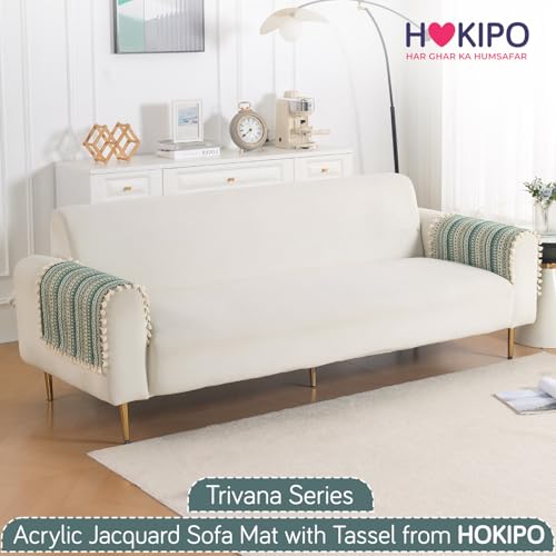 Image of HOKIPO Sofa Arm Cover with Tassel | 300 GSM Thick Cotton Acrylic Jacquard Armrest Mat, 50x70 cm, Pack of 2,'Trivana Series' Olive Green (IN-931-J1*2)