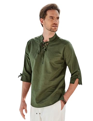 SCARLET DARKNESS Camisas de pirata para hombre, manga 3/4, con cordones, camisa de vampiro, disfraz medieval, verde oliva, XL