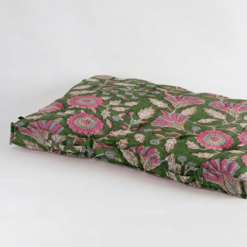 Image of Low Seating Floor Cushion 70 x 110 cm with 2 Back Support Cushions Thick Quilted Cotton Floor Mattress Pad | Floral Printed Gadda for Sitting Meditation, Yoga & Living Room Floor Seating (Pink Floral)