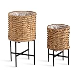 Kate and Laurel Wikstrom Modern Two-Piece Planter Set with Liners, 12 x 23 and 10 x 17, Natural Water Hyacinth, Round Woven Planters for Use as Boho Plant Stands for Living Room or Bedroom Decor