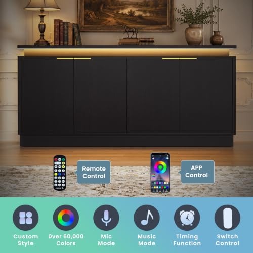 Image of LKTART 65.7 inch Sideboard Buffet Cabinet with Storage, LED Lights,Black