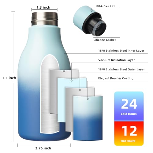 Image of BJPKPK Insulated Water Bottles, 12oz Stainless Steel Metal Water Bottle with Strap, BPA Free Leak Proof Jugs, Mugs, Flasks, Reusable Thermal Flasks for Sports & Travel, Sky