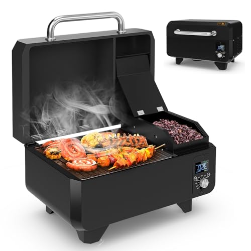 CLEEMAN Pellet Grill and Smoker, Portable Pellet Smoker Temperature Control, Meat Thermometer, Non-stick Cooking Grid & Removable Ash Pan, Table Top Wood Pellet Grill for Camping BBQ RV (Black)