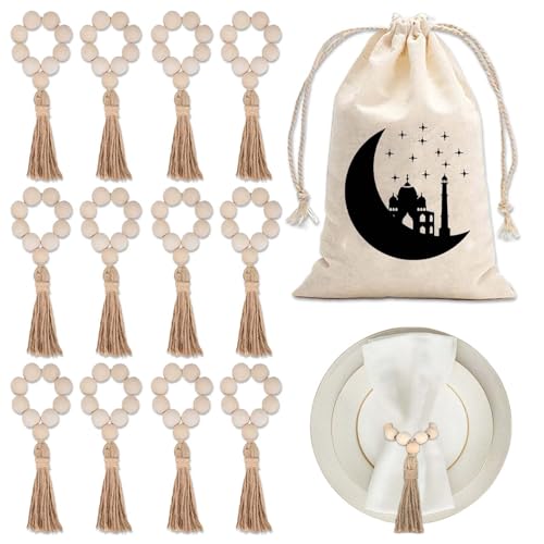 Elegante Serviettenringe Holz - Set von 12 Stück mit Quast Design, Ideal für Weihnachten und Bismillah Serviettenringe - Beige Handtücherring Aufnahmebeutel Rustikale Tischdekoration für Hochzeit