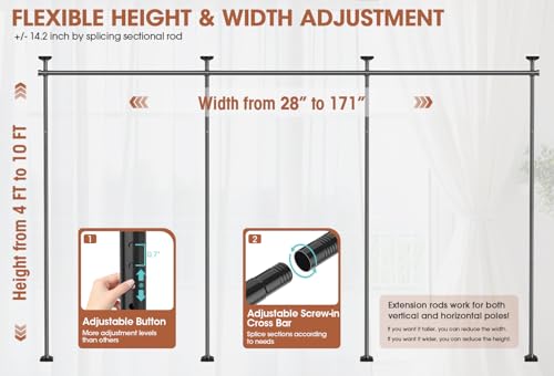 Image of SUNALLY Room Divider Curtain Rod, No Drilling Wall Divider for Room Separation, 4-10ft(H) 28-171inch(W) Adjustable Heavy Duty Partition Space Separator Freestanding Tension Curtain Stand, Black