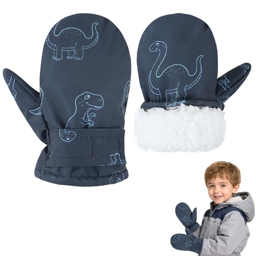 Toddler Mittens Warm Kids Lined Fleece Gloves Winter Ski Gloves Snow Waterproof Mittens for Baby Boys Girls Navy Dinosaur L