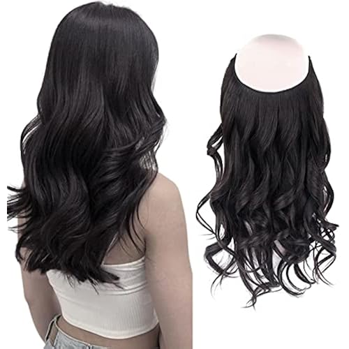 Sassina Invisible Wire Hair Extensions Real Human Hair with Transparent Wire Adjustable Size Secure Clips Natural Straight Secret Miracle Hairpiece, Off Black 16 Inch 100 Gram