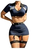 RoseSeek Women's 6 Piece Role Playing Lingerie Costume Sets V Neck Collared Garter Lingerie Outfits Nightwear Deep Blue Large
