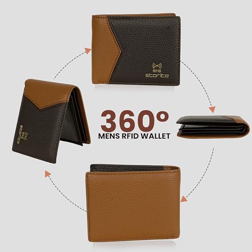 Image of Storite Men's RFID Blocking Bifold Wallet - Slim Genuine Leather Wallet with 2 ID Windows, Card Slots & Coin Pocket Mens Wallet (Tan & Brown)