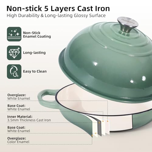 Homtone 5,2L/26cm Emaillierter Gusseisen Brotbacktopf mit gewölbtem Deckel, Emaille Gusseisen Topf Brot Backen für Sauerteig (Staubiges Grün, mit Silikon-Einsatz)
