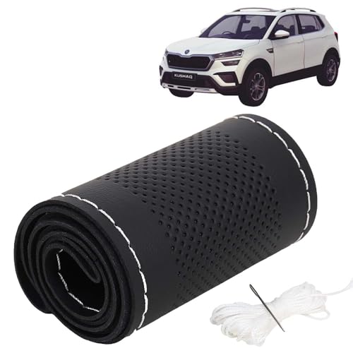 Image of KINGSWAY PU Leatherite Car Steering Cover Sewable Compatible with Skoda Kushaq (Year 2021 Onwards), Black Color with Silver Thread, Pack of 1 with Sewing Needle and Thread