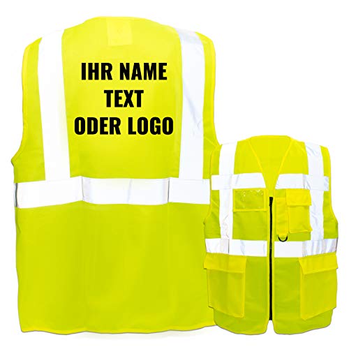 Warnweste mit Reißverschluss und Taschen * Druck auf Rücken/Standard-Druck * Farbe & Größe: Gelb/Größe L * Aufdruck selbst gestalten * Bedruckt mit Design Foto Text Logo
