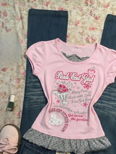 Image of Kawaii Cutecore Harajuku Y2k 2000s Tops Summer Preppy Aesthetic Alt Goth Emo Short Sleeve Graphic Tees