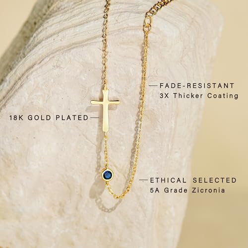 Birthstone Cross Bracelet for Women – Christian Gifts Birthday Gifts for Women, Baptism Gifts for Girl, 18K Gold Plated, 5A Zirconia, Triple-Layered Finish, Size 6-8''2
