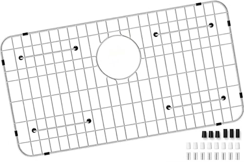Sink Grate for Bottom of Kitchen Sink 26-1/16 x 14-1/16 304 Stainless Steel Rounded Sink Grid Protectors for Kitchen Sink Metal Grill Rack with Rear Drain for Single Bowl Sinks and Soft Rubber Feet