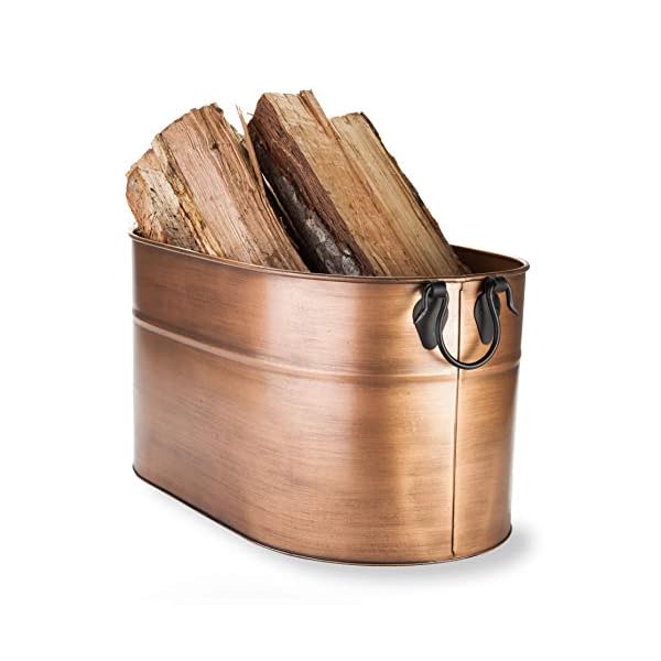 Plow hearth galvanized steel firewood bucket with wrought iron handles 2175 l x 1275 w x 115 h inches antique copper  urban country home decor