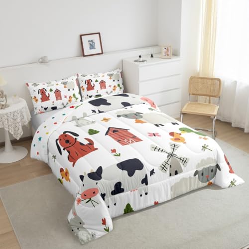 Image of Feelyou Cute Farm Animals Bedding Set Full Size, Kids Cartoon Sheeps Comforter Set Kawaii Dog Comforter Rabbit Cow Duvet Insert Bed Set 3Pcs
