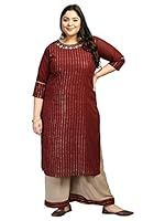 PrettyPlus by Desinoor com Women Plus Size Kurta palazzo set with Floral Embroidered Beads and Stones work in Maroon color on Georgette fabric.