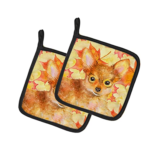 Caroline's Treasures BB9983PTHD Toy Terrier Fall Pair of Pot Holders, Yellow Kitchen Heat Resistant Pot Holders Sets Oven Hot Pads for Cooking Baking BBQ, 7 1/2 x 7 1/2