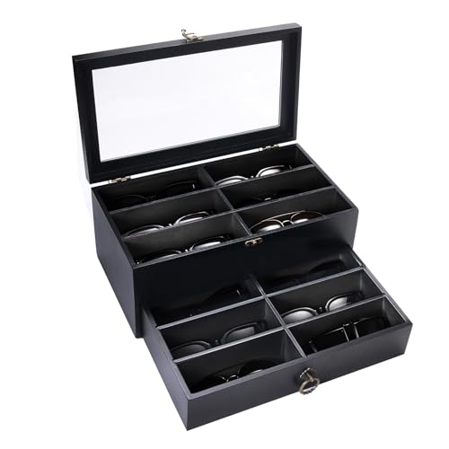 Image of Wooden Sunglasses Storage Organizer, 12 Slots Sunglasses Organizer Case for Multiple Pairs, Eyeglasses Display Case for Gift, Holder Watches Jewelry Collection for Men Women, Black