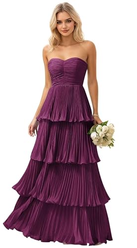 Long Chiffon Women's Bridesmaid Dresses Ruffle Tiered Formal Evening Gowns Pleated Wedding Guest Dress