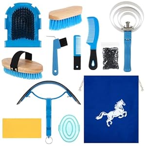 Abbylike 12 Pieces Horse Grooming Kit Tack Room Supplies Horse Brush Sets Equine Care Horse Cleaning Kit Shedding Grooming Massaging Tools (Blue)