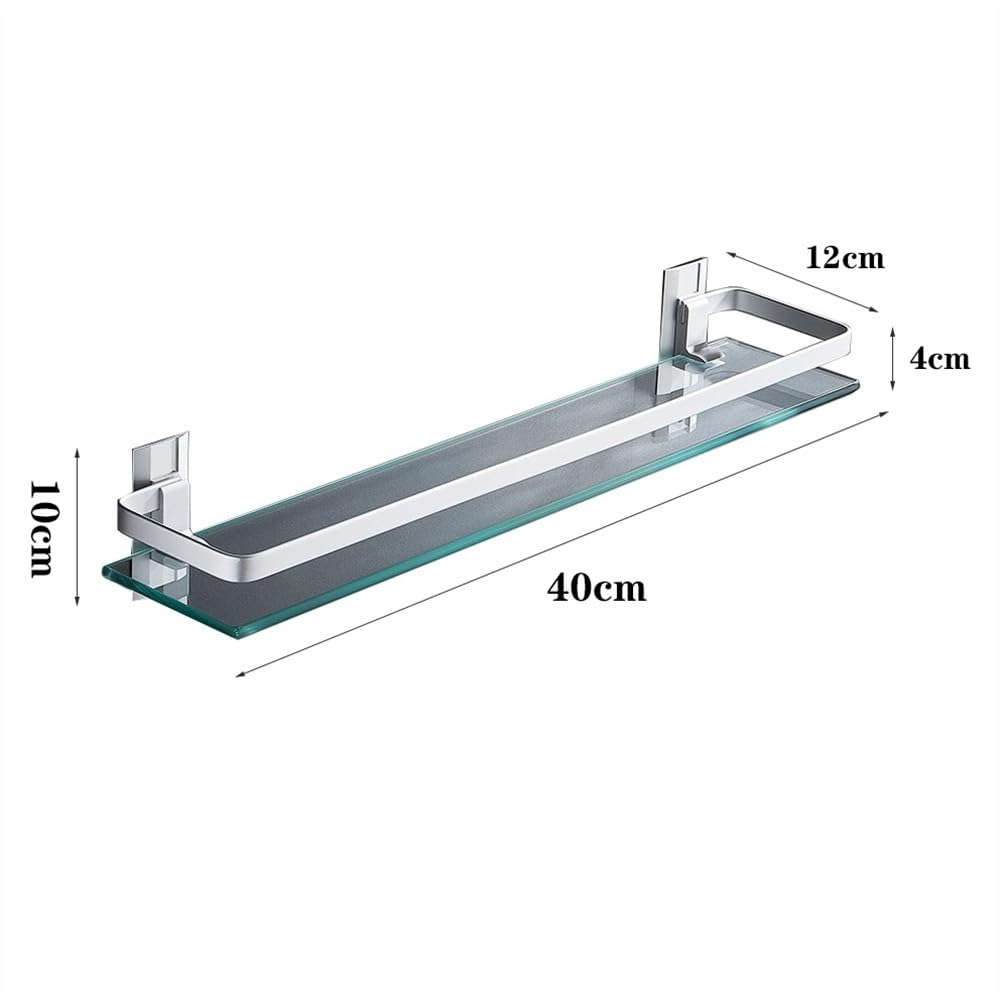 LUUYYI Estante de baño de cristal, estante de ducha de vidrio de 15.7 pulgadas con riel de aluminio, estante de ducha flotante sin taladrar, moderno estante de baño montado en la pared, estantes