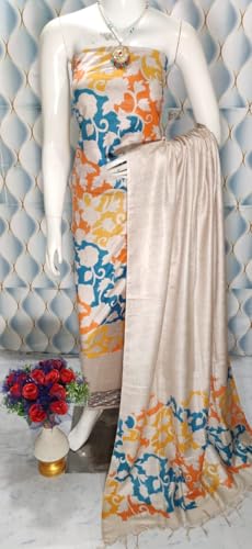 Image of Katan Slub Silk Unstitched Salwar Suit Dress Material for Women & Girls with Dupatta | Madhubani Screen Print | Top-2.5M, Bottom-2.5M, Dupatta-2.4M | Ethnic Wear | Code 243