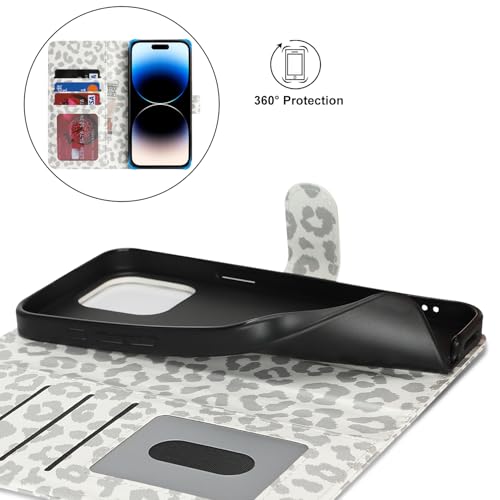Image of for iPhone 14 Pro Max Case Wallet with Card Holder,for iPhone 14 Pro Max Wallet Case for Women Men,PU Leather Shockproof Magnetic Buckle Stand Flip Phone Case-White Leopard