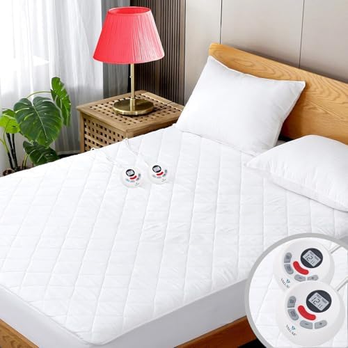 Heated Mattress Pad Queen Size Quilted Zone Heating Electric Bed Warmer Luxury Comfort Heat Mattress Pad Cover Dual Controller（10 Heat Setting | 1-12 Hours Auto Shut Off | with 8-21 Inch Deep Pocket）