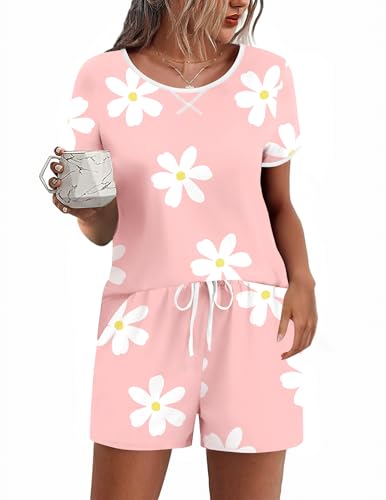 Ekouaer Women Pajama Set Casual Short Set Soft Lounge Set Pink and White Flower Medium