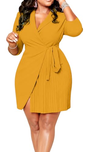 Image of INR Short Dress for Women Business Work Plus Size Elegant Church Dresses | Exquisite Fabric, 3 /4 Sleeve V Neck, Self Tie Waist Pleated Dress fit Cocktail Party,Casual,Prom,Dinner Dates,Formal Outfits