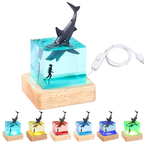 Shark Resin Ocean Lamp USB Powered Night Light with Wooden Base for Bedroom Bar Coffee Shop Unique Birthday Gifts for Men & Women Boy Gril Sister Gifts Mothers Day Gifts Easter Gifts