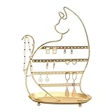 NIKKY HOME Soporte organizador colgante para aretes de gato, soporte de metal para joyas, árbol, mesa, orejera, soporte de torre con bandeja para anillos y gancho para niñas (56 agujeros), dorado