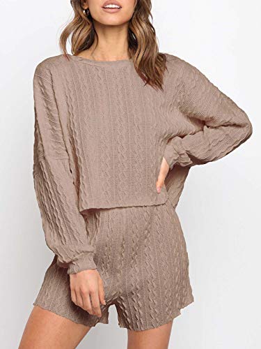 Faroro Women'S 2 Piece Knit Outfits Casual Long Sleeve Tops And Shorts Pajama Set Pullover Loungewear Sets Khaki thumb #4